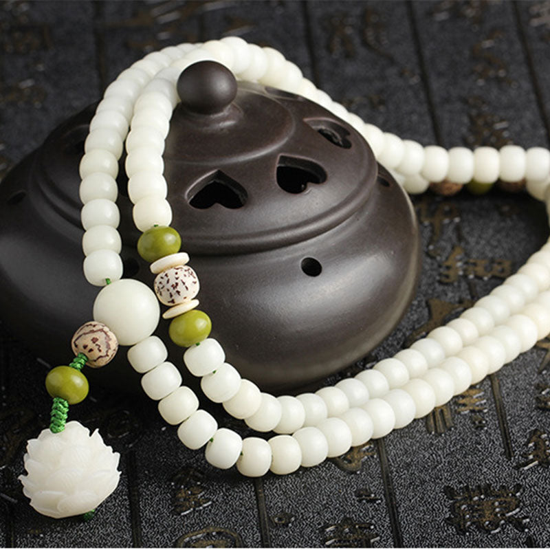 EverestArtStudios 108 Beads White Jade Bodhi Lotus Mala Harmony Necklace Bracelet
