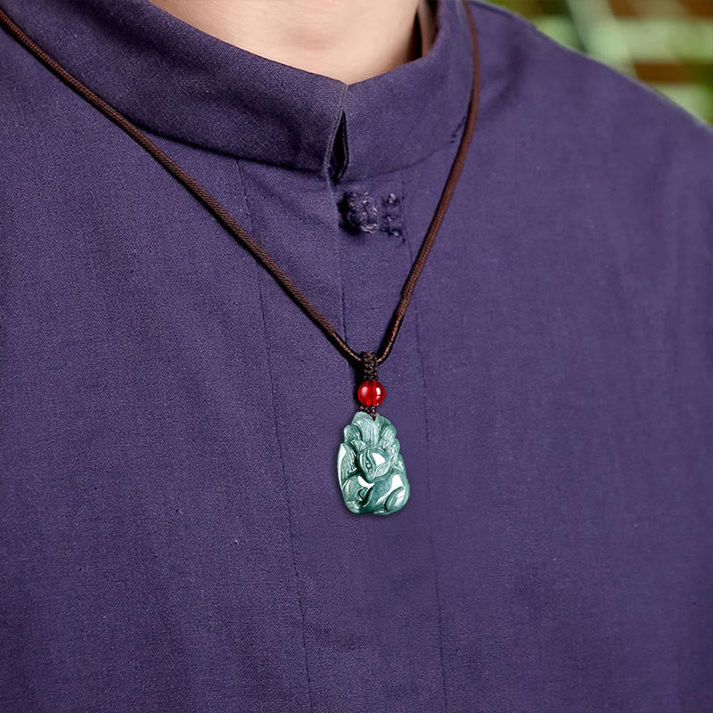 EverestArtstudios Natural Green Jade Nine Tailed Fox Engraved Prosperity Necklace Pendant