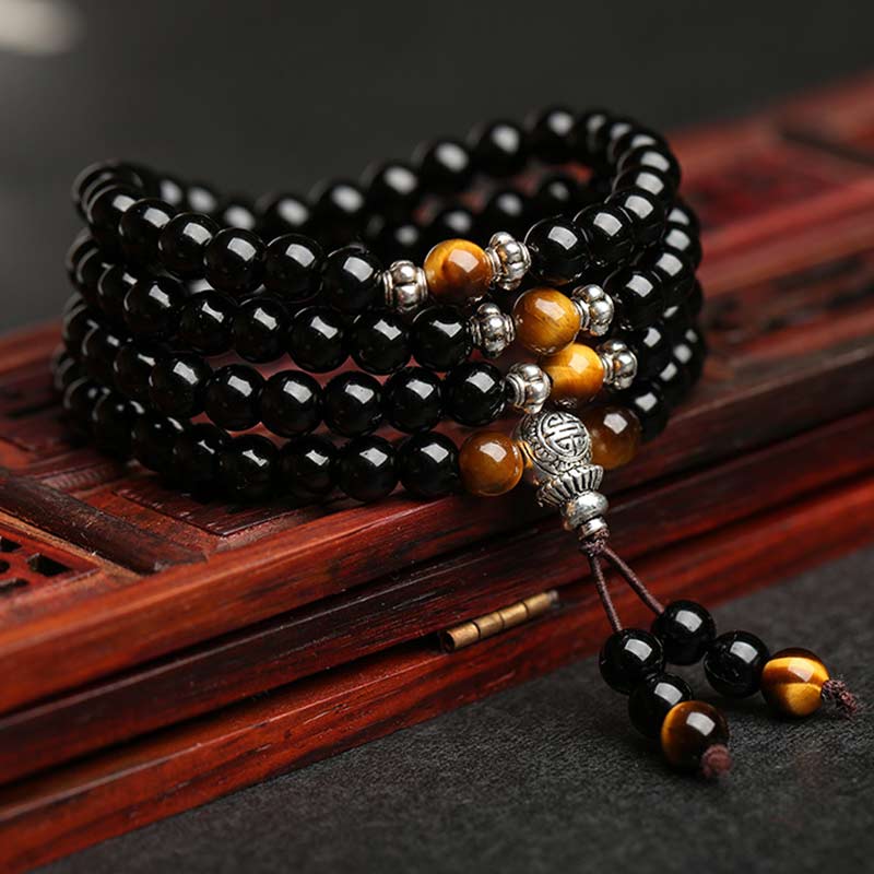 EverestArtStudios Black Obsidian Tiger Eye Blessing Mala Bracelet