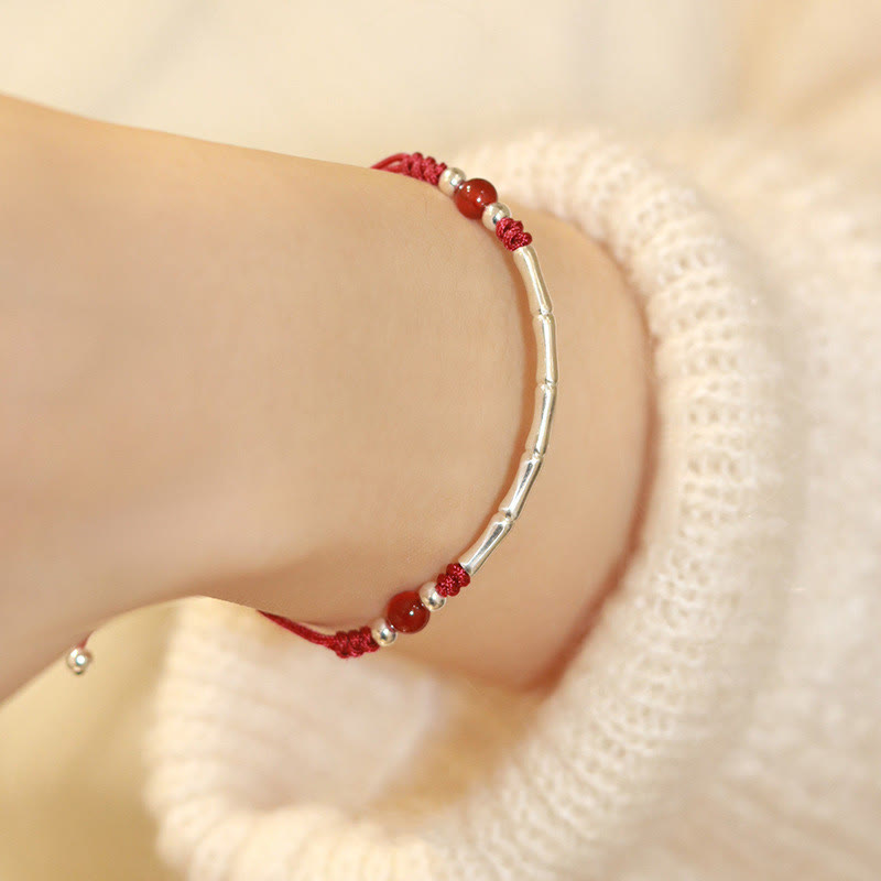 EverestArtstudios 925 Sterling Silver Bamboo White Agate Red Agate Bead Protection String Braided Bracelet