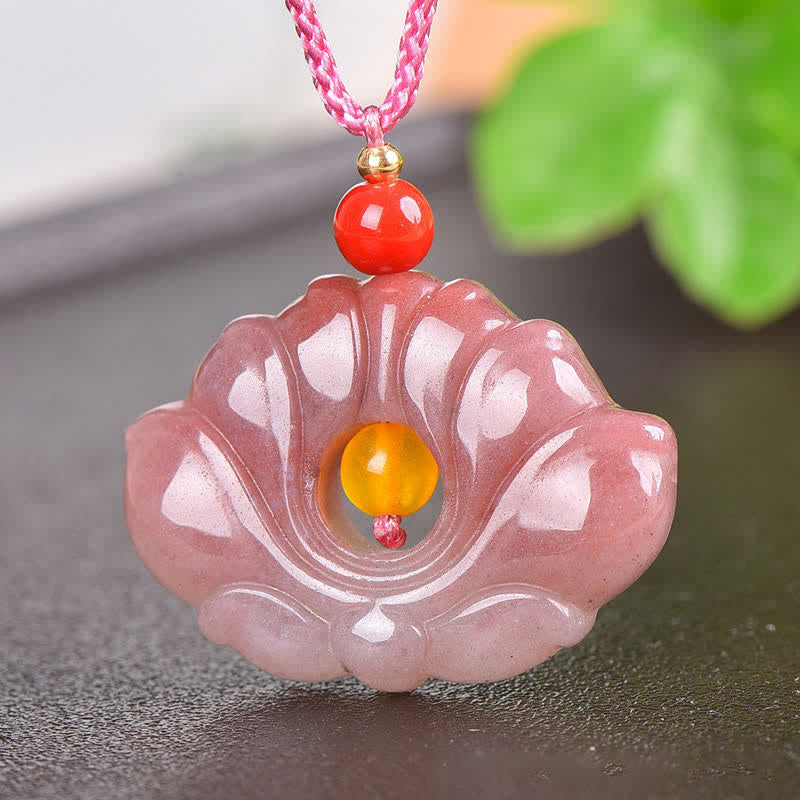 EverestArtstudiosPink Golden Silk Jade Lotus Flower Wealth Necklace Pendant