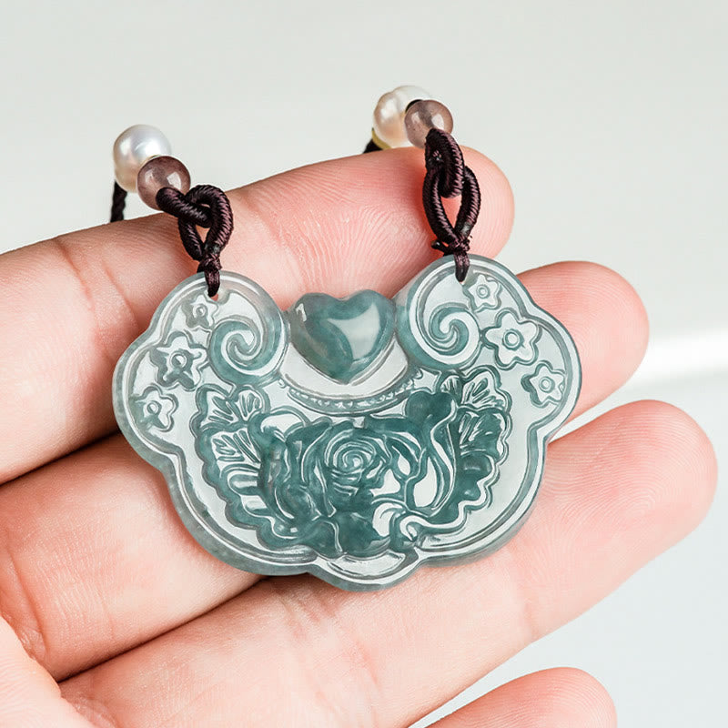 EverestArtstudios Natural Jade Peony Flower Lock of Good Wishes Prosperity Necklace Pendant