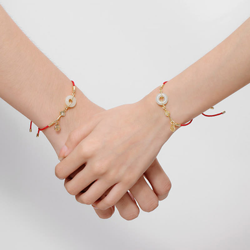 EverestArtstudios 18K Gold Plated Hetian Jade Peace Buckle Fu Character Luck Red Rope Bracelet