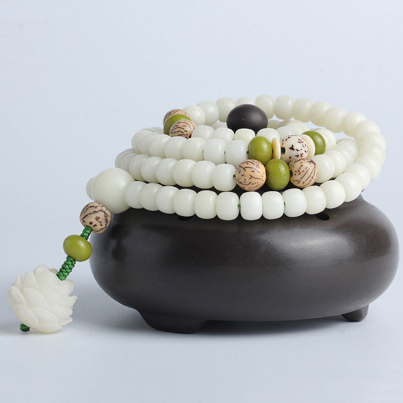 EverestArtStudios 108 Beads White Jade Bodhi Lotus Mala Harmony Necklace Bracelet