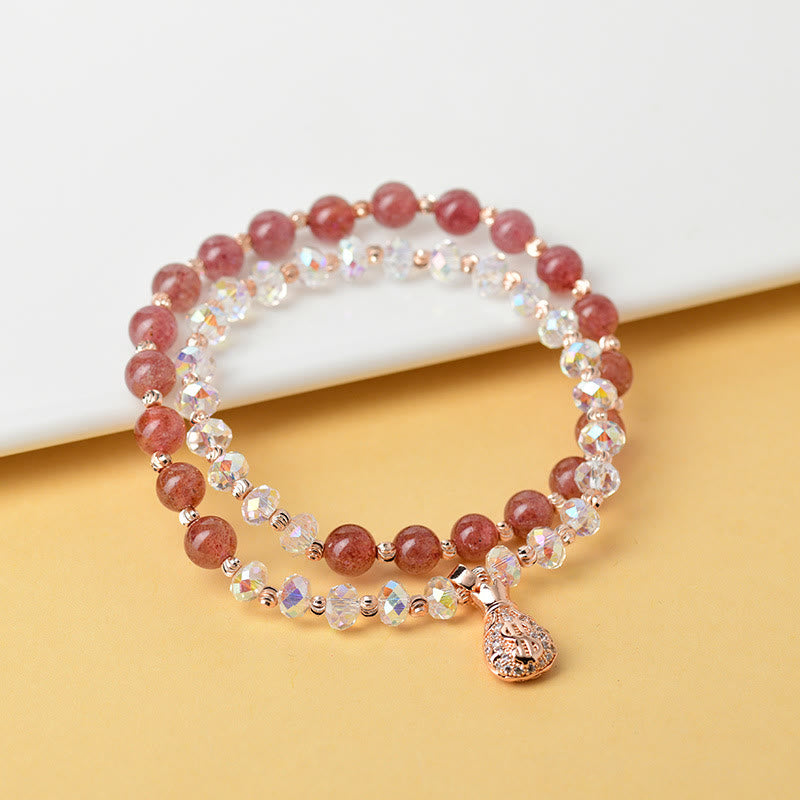 EverestArtStudios Strawberry Quartz White Crystal Money Bag Charm Positive Bracelet