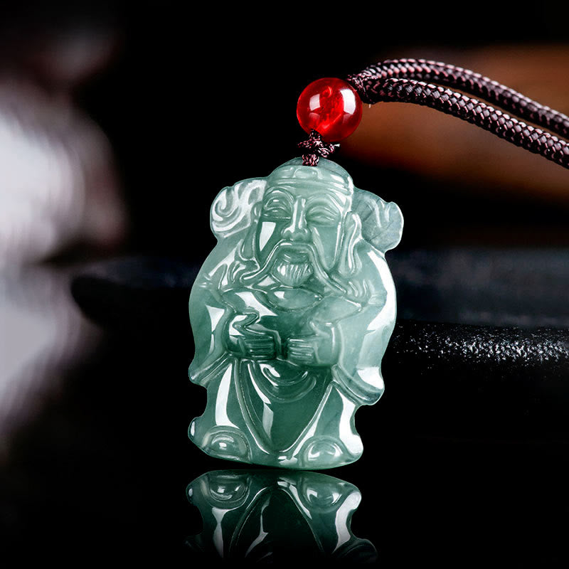 EverestArtstudios Natural Green Jade Chinese God of Wealth Caishen Ingot Abundance Necklace Pendant