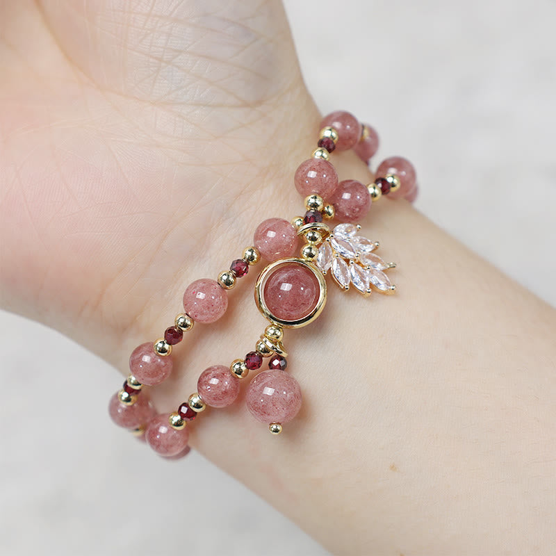 EverestArtstudios Natural Strawberry Quartz Love Healing Maple Leaf Charm Double Wrap Bracelet