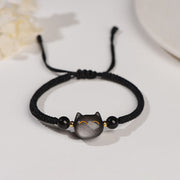 EverestArtstudios Handmade Natural Silver Sheen Obsidian Strawberry Quartz Cute Cat Protection Braided Bracelet