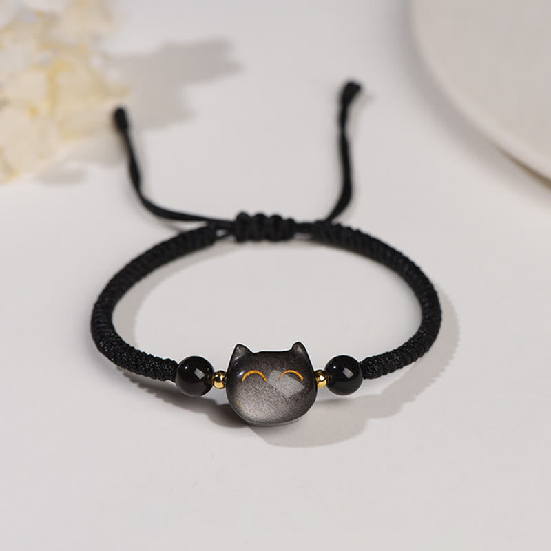 EverestArtstudios Handmade Natural Silver Sheen Obsidian Strawberry Quartz Cute Cat Protection Braided Bracelet