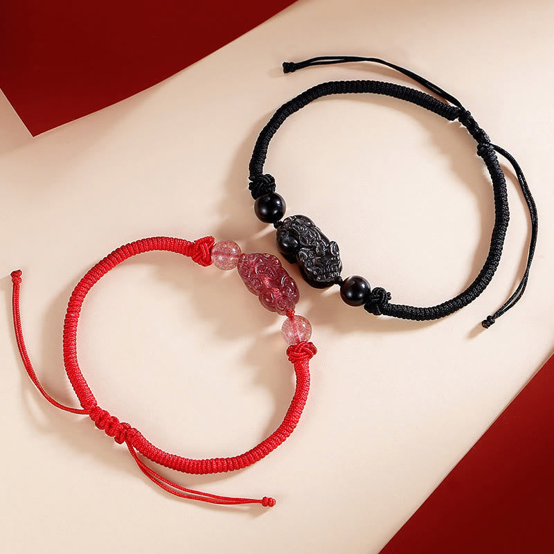 EverestArtstudios Handmade Natural Silver Sheen Obsidian Strawberry Quartz PiXiu Protection Braided Bracelet