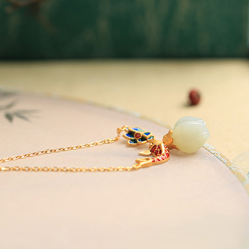 Buddha Stones White Jade Koi Fish Lotus Copper Protection Necklace Pendant