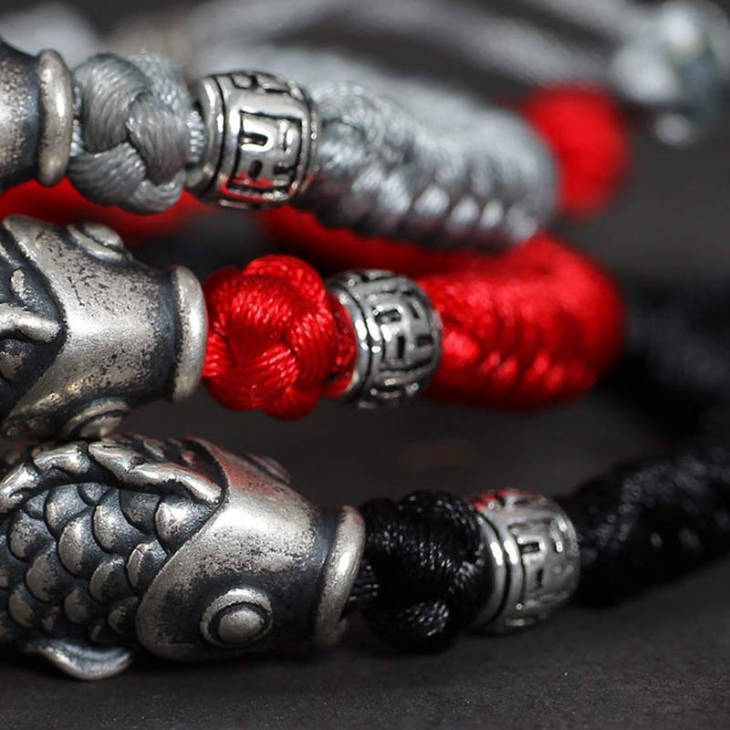EverestArtstudios Silver Luck Koi Fish Braided String Bracelet