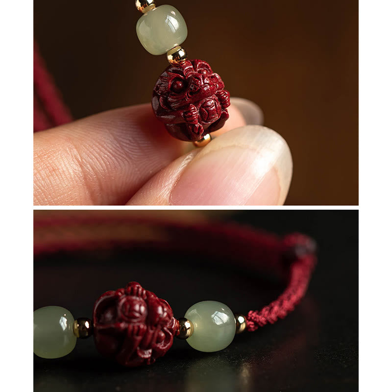 EverestArtstudios Natural Cinnabar Chinese Zodiac Hetian Jade Fu Character Luck Rope Bracelet
