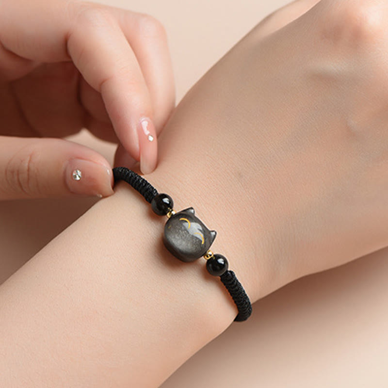 EverestArtstudios Handmade Natural Silver Sheen Obsidian Strawberry Quartz Cute Cat Protection Braided Bracelet