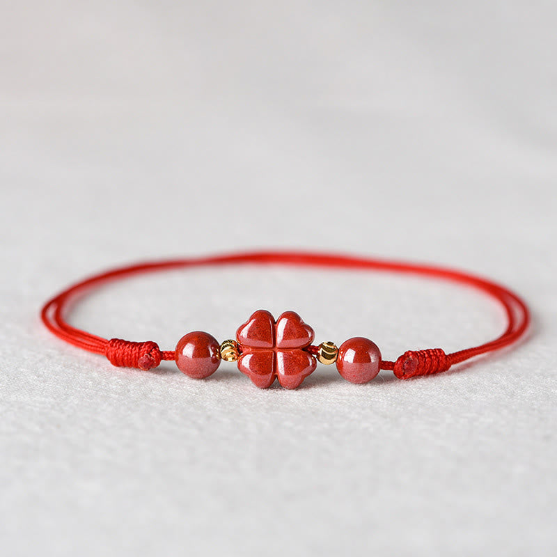 EverestArtstudios Four Leaf Clover Cinnabar Blessing Calm String Bracelet Anklet