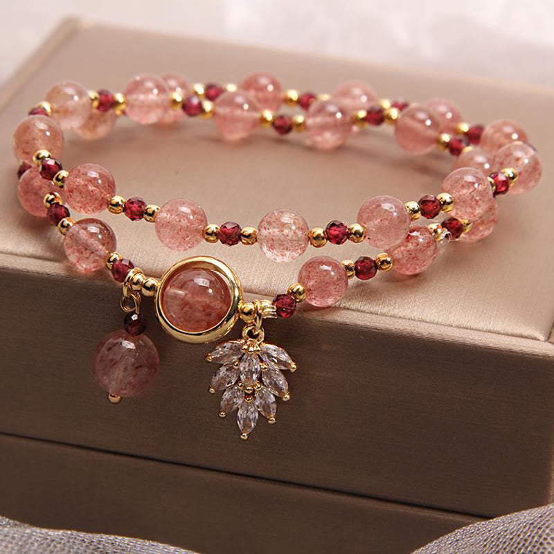 EverestArtstudios Natural Strawberry Quartz Love Healing Maple Leaf Charm Double Wrap Bracelet