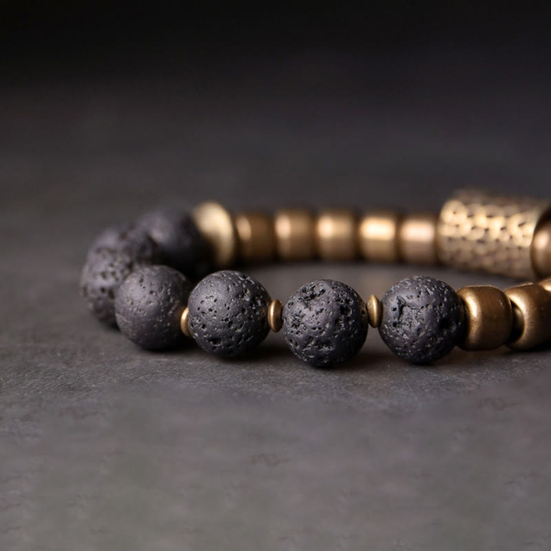 Buddha Stones Lava Rock Stone Rainbow Obsidian Brass Support Healing Bracelet