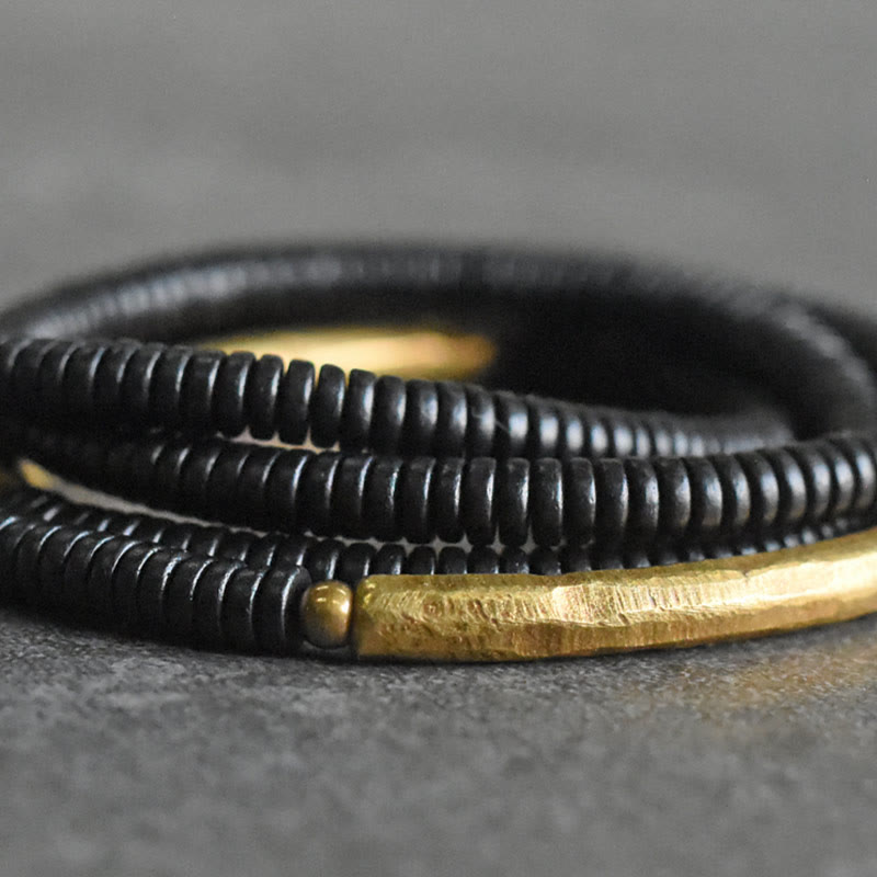 Buddha Stones Ebony Wood Brass Copper Balance Multilayered Bracelet