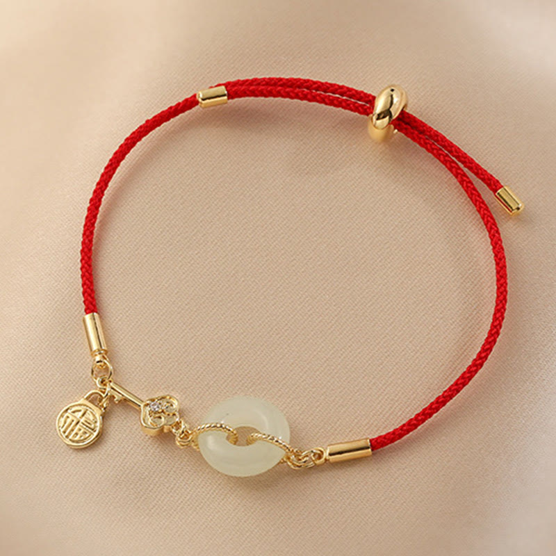 EverestArtstudios 18K Gold Plated Hetian Jade Peace Buckle Fu Character Luck Red Rope Bracelet
