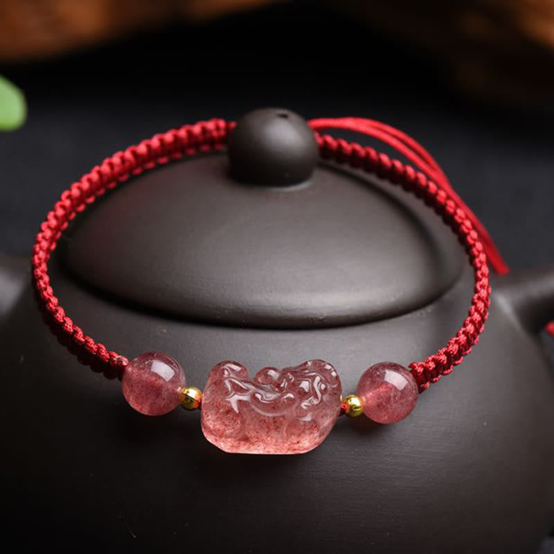 EverestArtstudios Natural Strawberry Quartz PiXiu Lucky Red String Bracelet