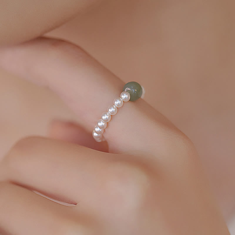EverestArtstudios Round Jade Pearl Beads Luck Ring