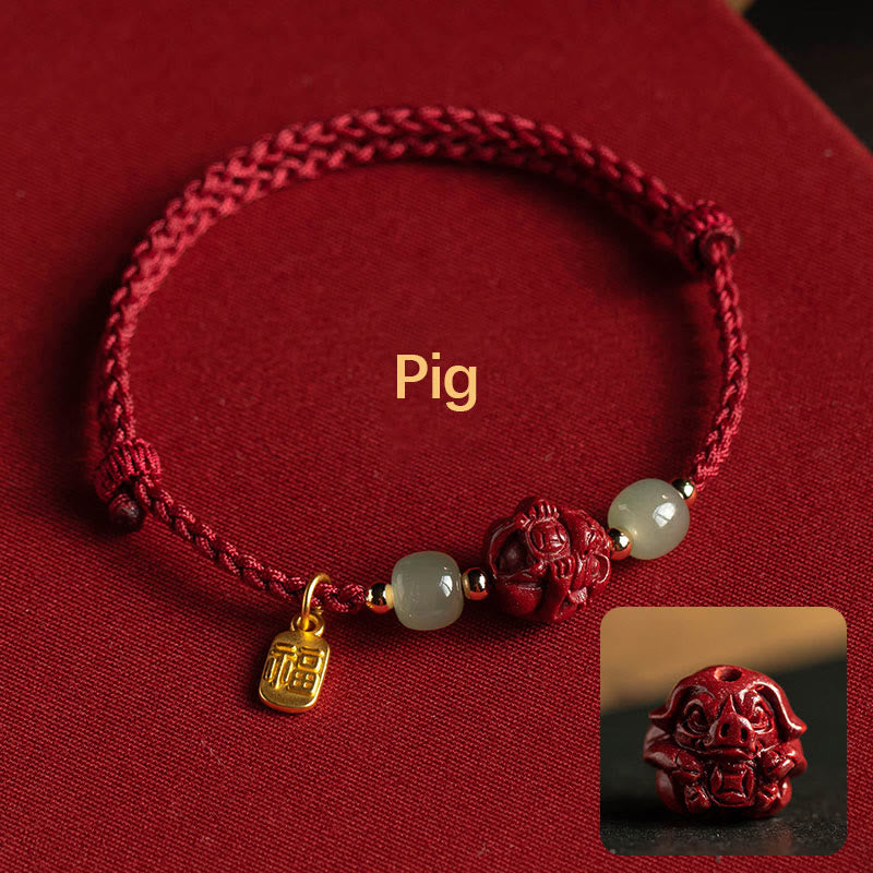 EverestArtstudios Natural Cinnabar Chinese Zodiac Hetian Jade Fu Character Luck Rope Bracelet