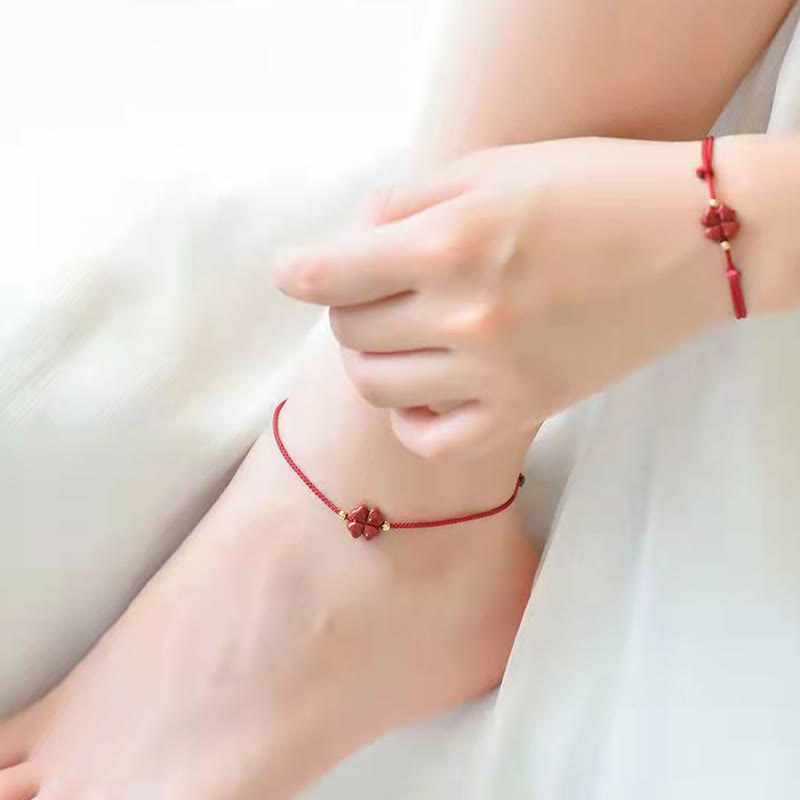 EverestArtStudios Natural Cinnabar Four Leaf Clover Blessing Red String Bracelet Anklet