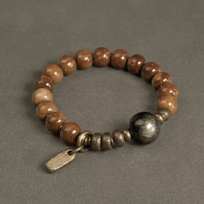 Buddha Stones Kuka Seed Tiger Eye Gold Sheen Obsidian Brass Copper Wealth Luck Bracelet