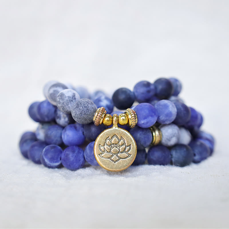 EverestArtStudios 108 Natural Picasso Jasper & Blue Stone Mala Bead Lotus Pendant Bracelet