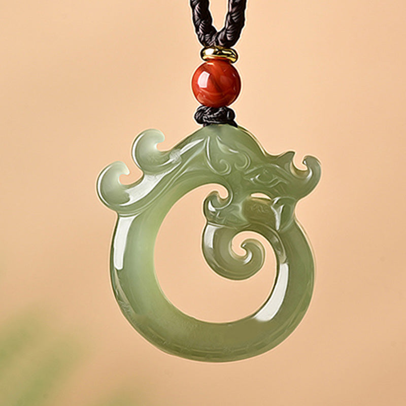 EverestArtstudios White Jade Cyan Jade Dragon Protection Necklace String Pendant