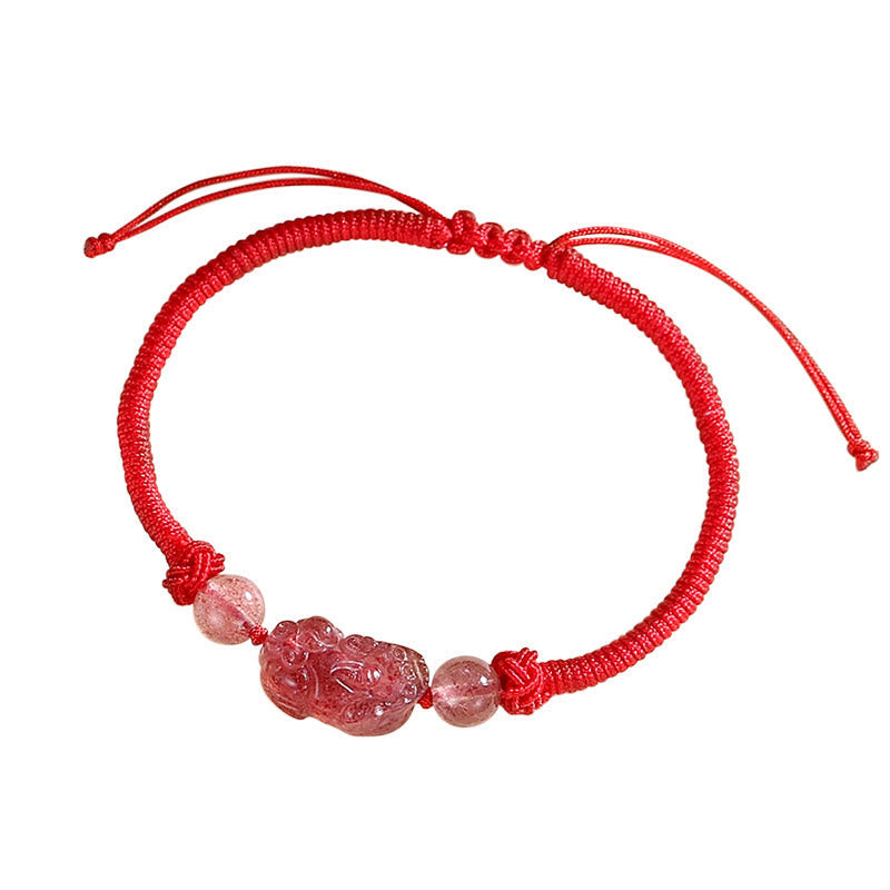 EverestArtstudios Handmade Natural Silver Sheen Obsidian Strawberry Quartz PiXiu Protection Braided Bracelet