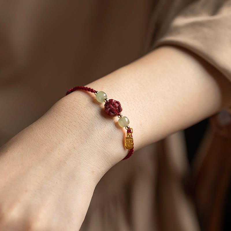 EverestArtstudios Natural Cinnabar Chinese Zodiac Hetian Jade Fu Character Luck Rope Bracelet