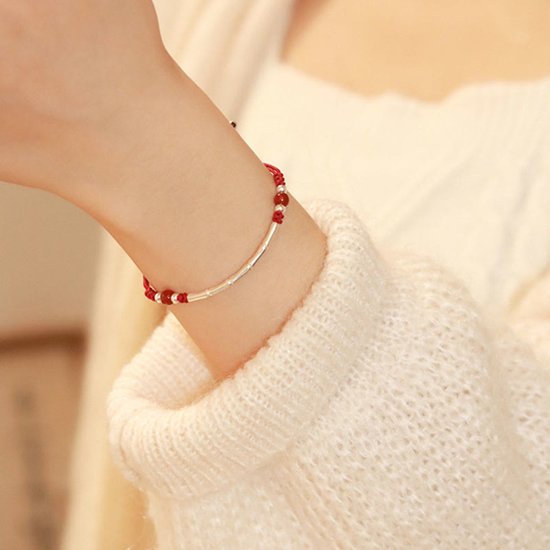 EverestArtstudios 925 Sterling Silver Bamboo White Agate Red Agate Bead Protection String Braided Bracelet
