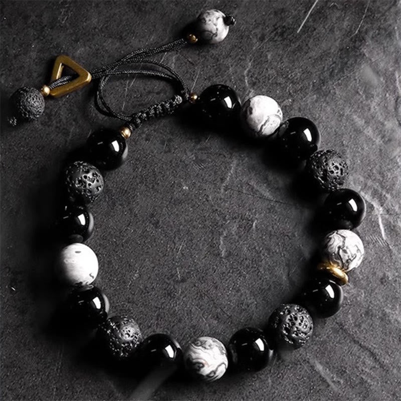 EverestArtStudios Black Obsidian Lava Rock Stone Yin Yang Strength Bracelet