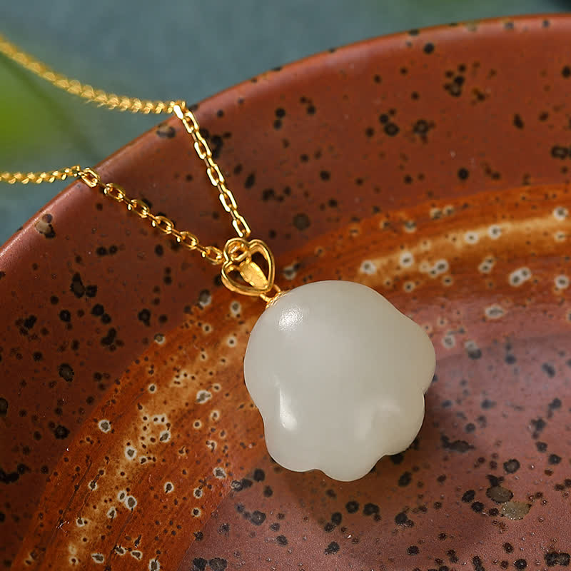 EverestArtstudios 925 Sterling Silver Hetian White Jade Cute Cat Paw Luck Necklace Pendant