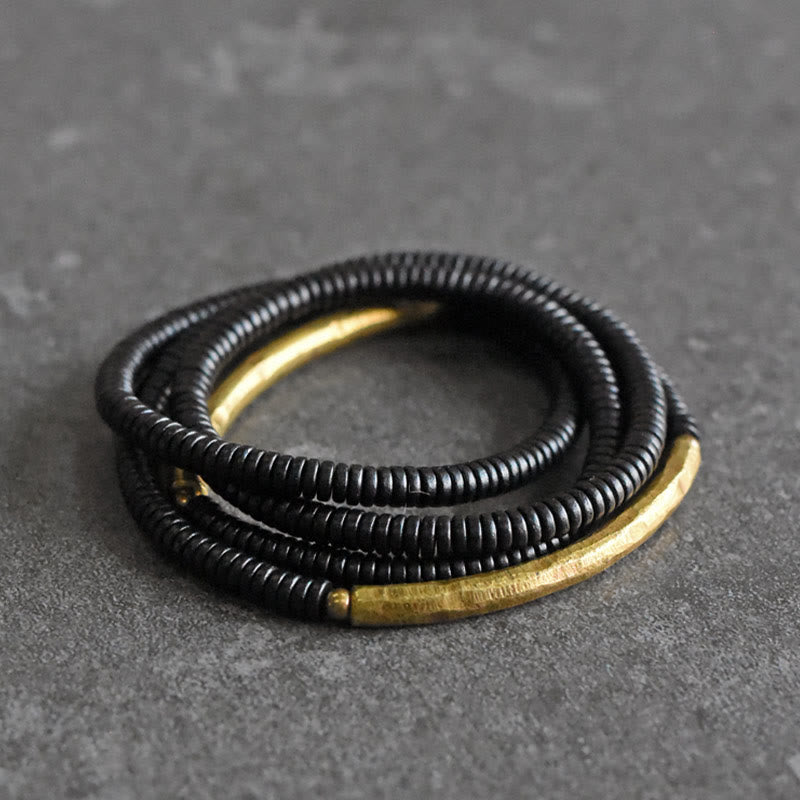 Buddha Stones Ebony Wood Brass Copper Balance Multilayered Bracelet