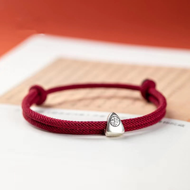 EverestArtstudios 925 Sterling Silver Fu Character Blessing Handmade Braided Bracelet