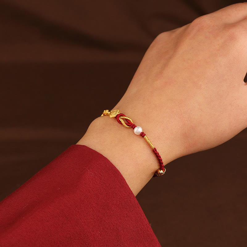 EverestArtStudios 24K Gold Wish Ruyi Handle Fu Character Rabbit Pearl Luck Braided Bracelet