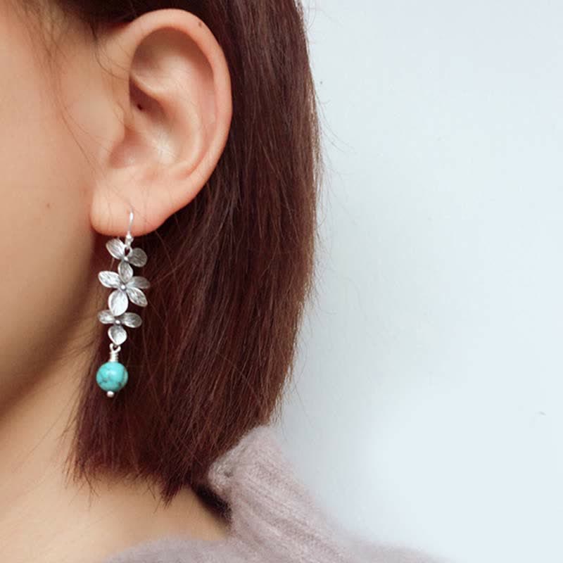 EverestArtStudios 925 Sterling Silver Turquoise Lazurite Lapis Lazuli Flower Leaf Serenity Protection Hook Drop Dangle Earrings