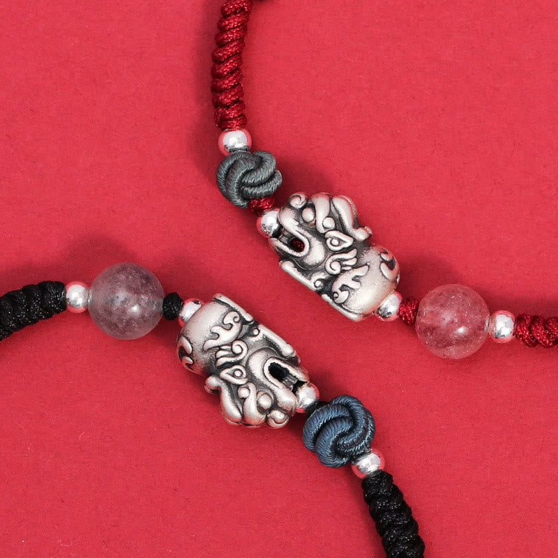 EverestArtstudios 999 Sterling Silver PiXiu Strawberry Quartz Bead Wealth Luck Braided Bracelet