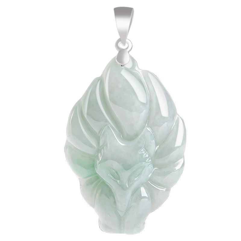 Buddha Stones Natural Jade Nine Tailed Fox Prosperity Titanium Steel Chain Necklace Pendant