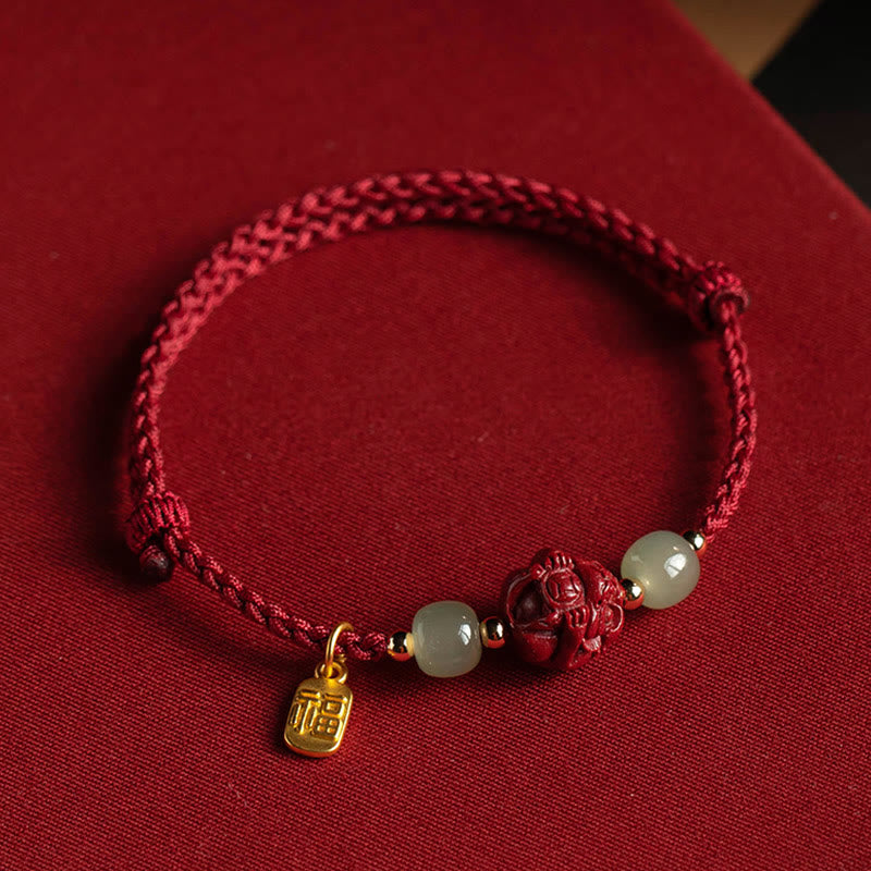 EverestArtstudios Natural Cinnabar Chinese Zodiac Hetian Jade Fu Character Luck Rope Bracelet