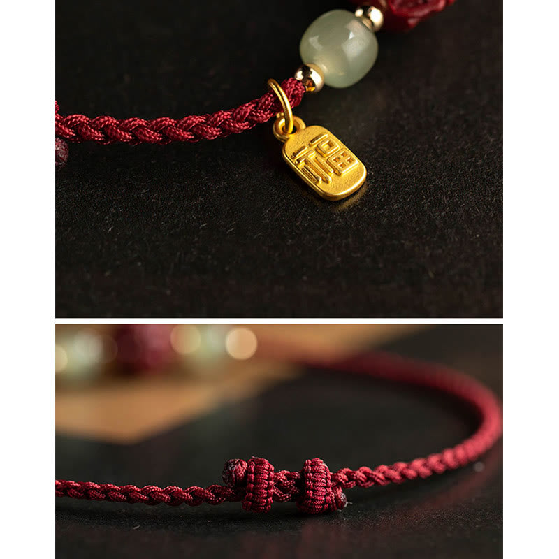 EverestArtstudios Natural Cinnabar Chinese Zodiac Hetian Jade Fu Character Luck Rope Bracelet