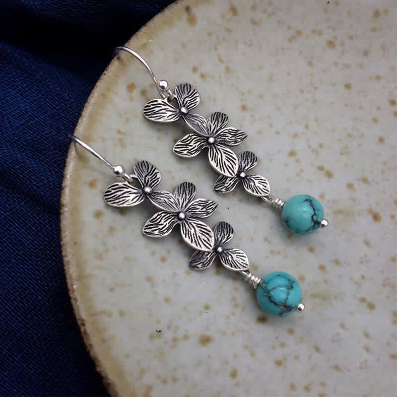 EverestArtStudios 925 Sterling Silver Turquoise Lazurite Lapis Lazuli Flower Leaf Serenity Protection Hook Drop Dangle Earrings