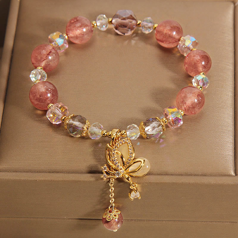 EverestArtStudios Natural Strawberry Quartz Healing Positive Butterfly Charm Bracelet