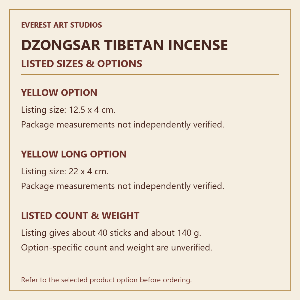 listed sizes & options