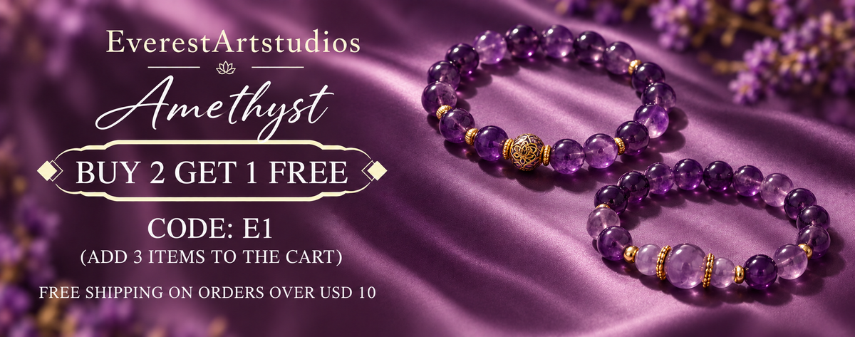 EverestArtstudios amethyst collection banner. Buy 2 get 1 free, code E1. Add 3 items to the cart. Free shipping on orders over USD 10.
