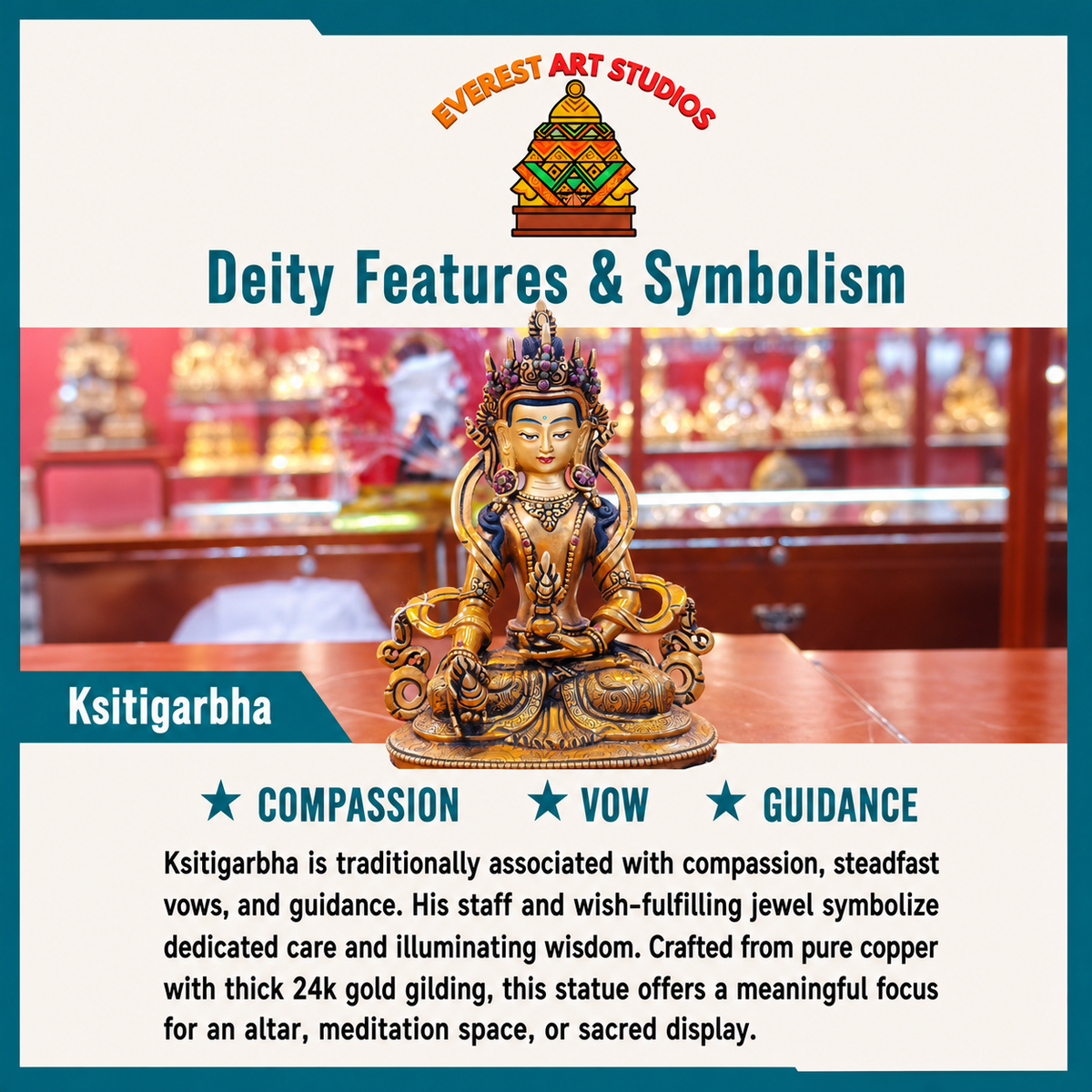 Statue Kṣitigarbha cuivre doré à l’or 24k