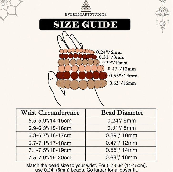 Everest Art Studios bead size guide