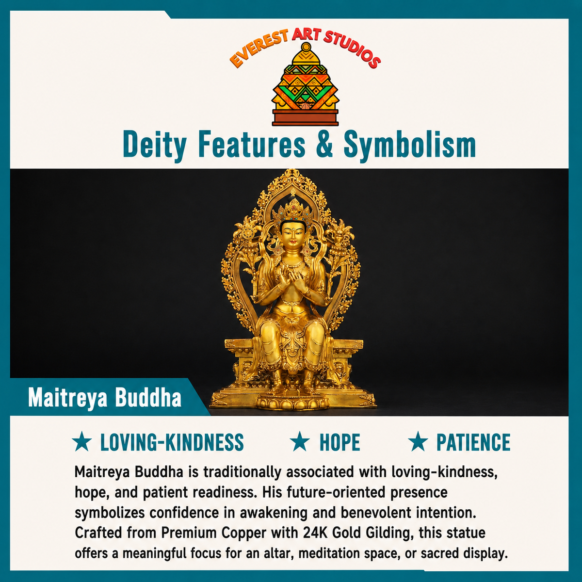 Statue Maitreya Jampa dorée 24K, mandorle